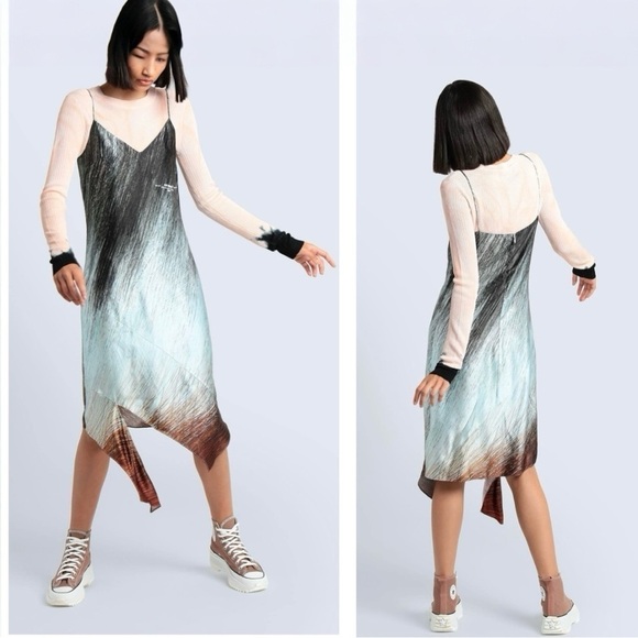 OFF-WHITE Bouroullec Asymmetric-Hem Abstract Print Satin Slip Mini Dress New - Picture 2 of 15